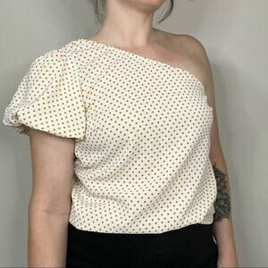 Listicle One Shoulder Yellow Polka Dot and Off White Puff Sleeve Blouse Size Med